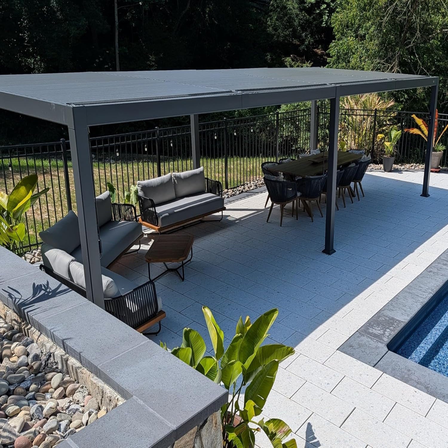Louvered Pergola 92KS 11.5' X 27.5' with LED Strip Lights Huge Aluminum plus Outdoor Pergola with Adjustable Louvered Roof for Patio Deck Garden Yard Gray