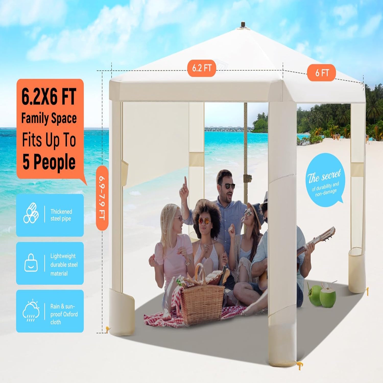 Beach Cabana 6.2'X6' Canopy, Fast Set up and Take Down, UPF 50+ UV Protection, Rainproof Beach Umbrella Shelter with Half Side Wall for Outdoor Patio Backyards Alfresco Eateries Pools Cafes Picnic
