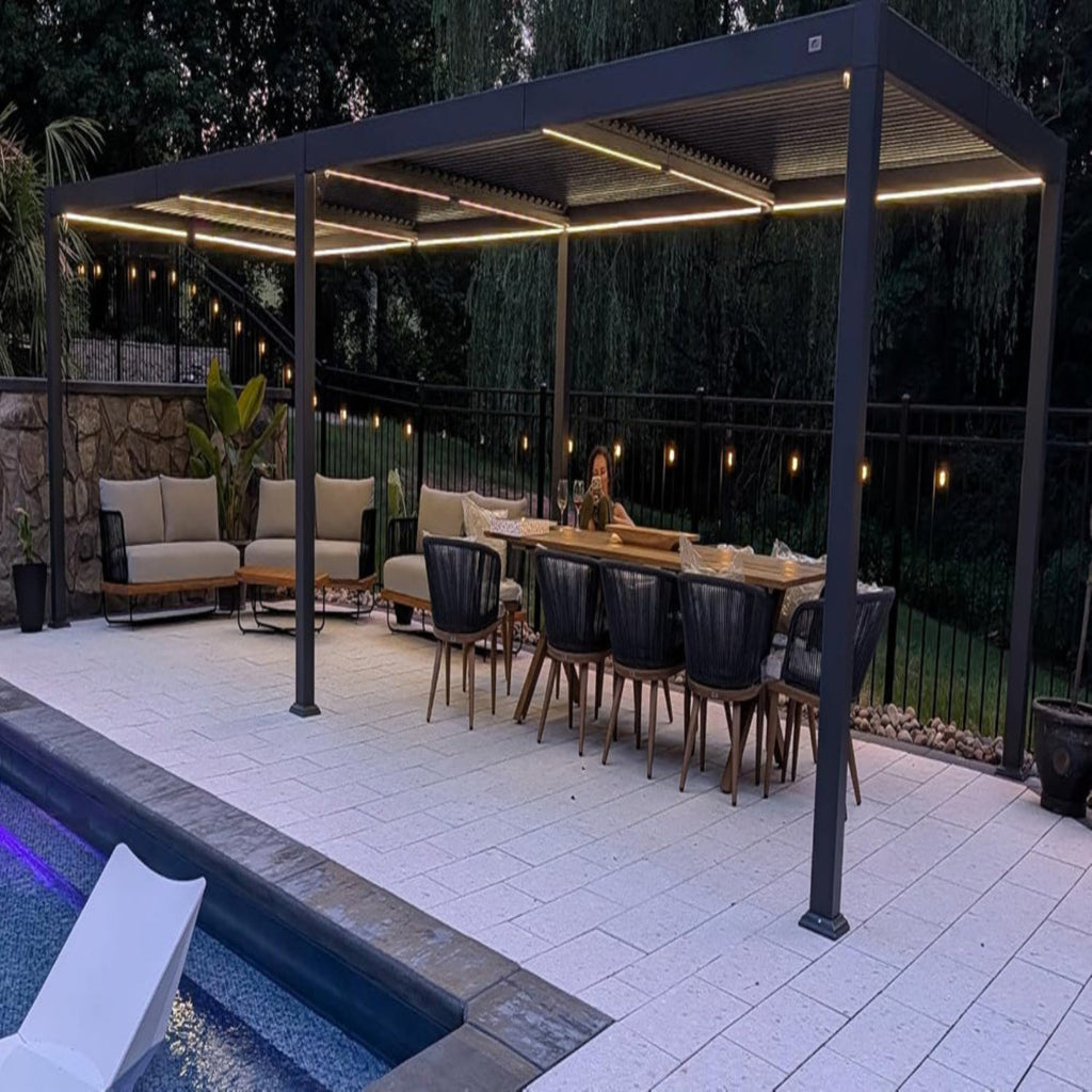 Louvered Pergola 92KS 11.5' X 27.5' with LED Strip Lights Huge Aluminum plus Outdoor Pergola with Adjustable Louvered Roof for Patio Deck Garden Yard Gray