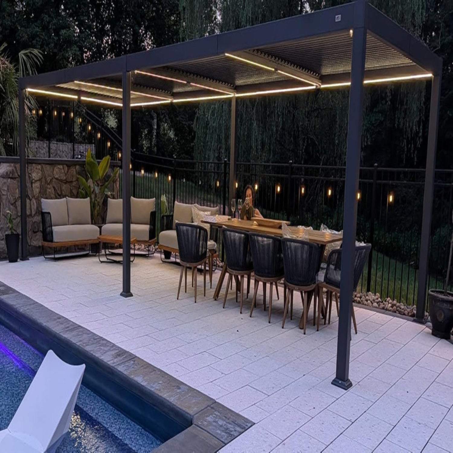 Louvered Pergola 92KS 11.5' X 27.5' with LED Strip Lights Huge Aluminum plus Outdoor Pergola with Adjustable Louvered Roof for Patio Deck Garden Yard Gray