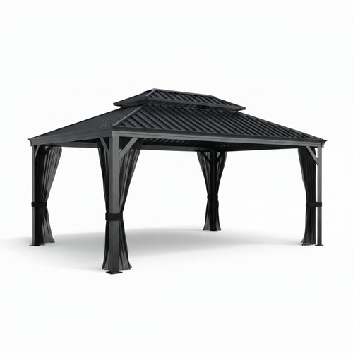 16 Ft. W X 12 Ft. D Aluminum Hardtop Gazebo with Galvanized Double Roof and Textilene Netting