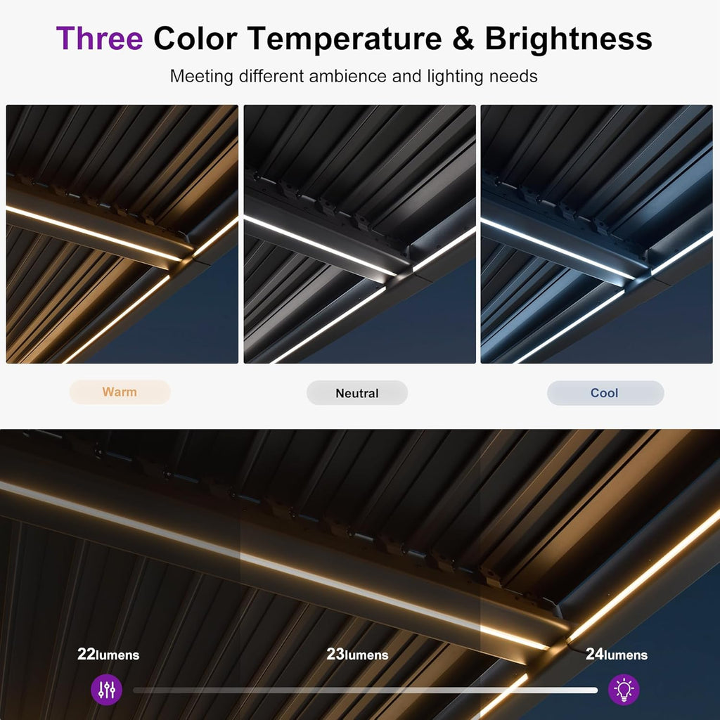Louvered Pergola 92KS 11.5' X 27.5' with LED Strip Lights Huge Aluminum plus Outdoor Pergola with Adjustable Louvered Roof for Patio Deck Garden Yard Gray